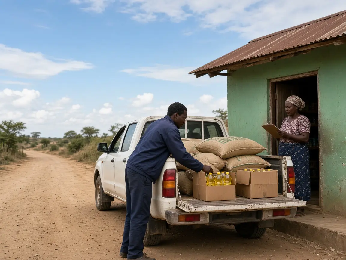 A driver unloading sacks from a pickup while the shop owner checks the delivery note at her door